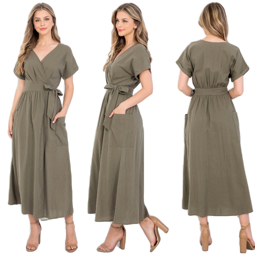 LAST ONE❗ILLA ILLA Chic Olive Surplice Wrap Around Midi Dress - Picture 2 of 10